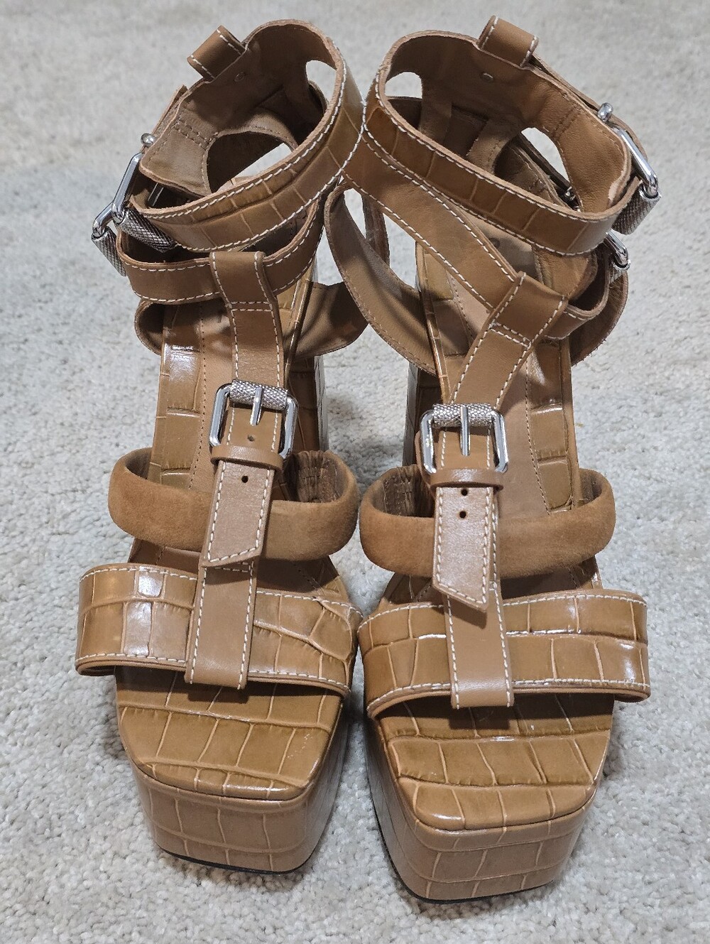 SCHUTZ Brown Croc-Embossed Platform Heeled Sandals with Buckles